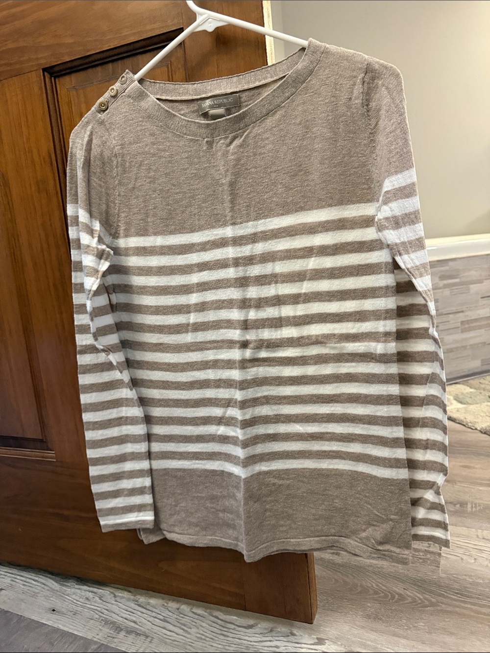 Banana Republic Men’s Taupe and White Striped Crewneck Sweater